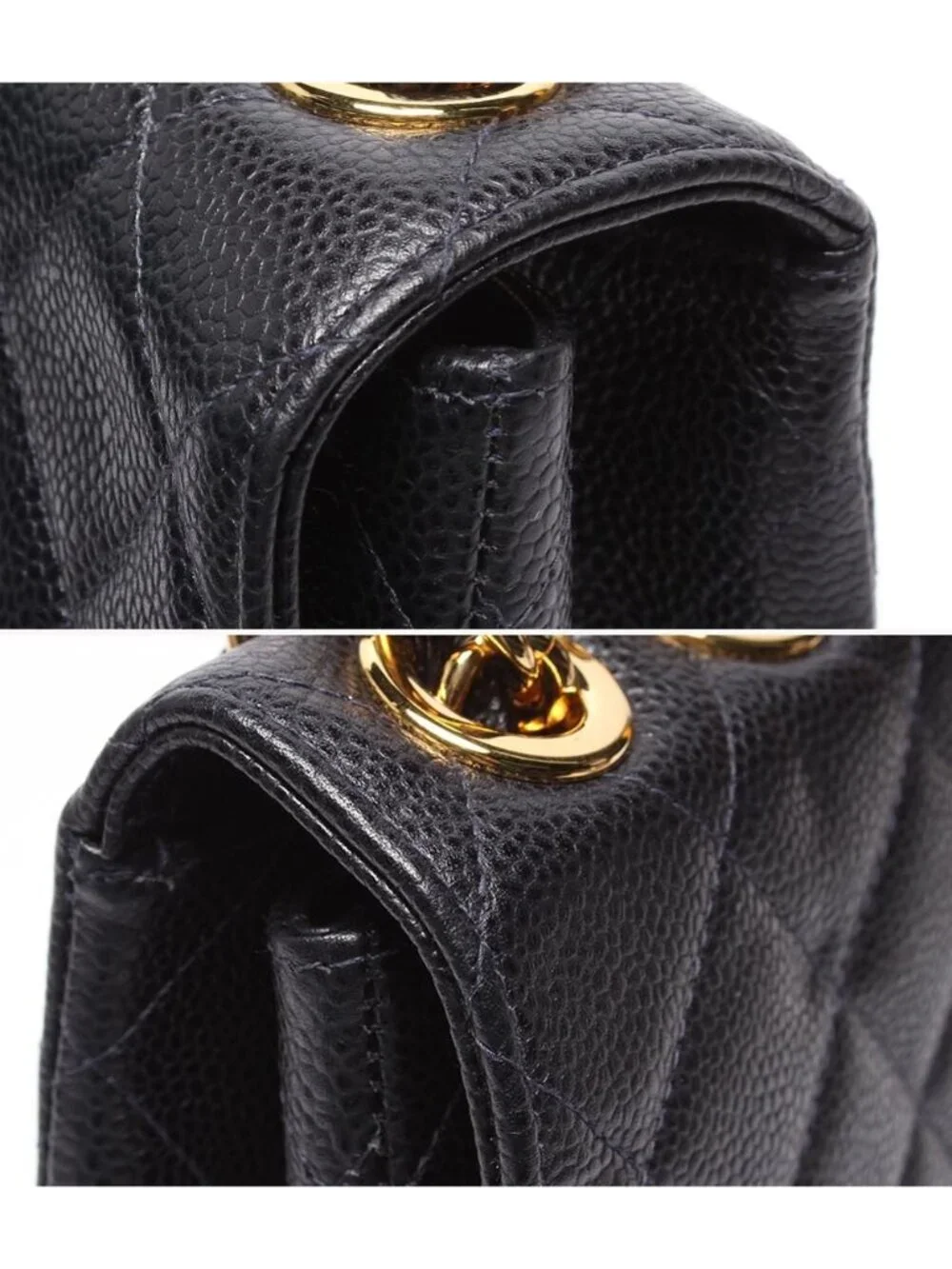 Chanel Chain Shoulder Bag Quilted Caviar Leather Gold Double